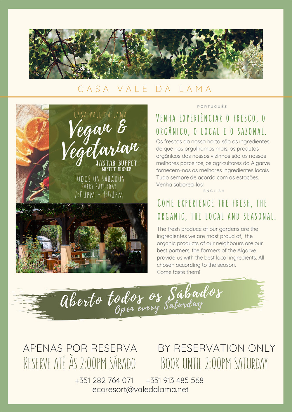 Todos os Sábados desfrute do Jantar Buffet Vegetariano e Vegano na Quinta do Vale da Lama
